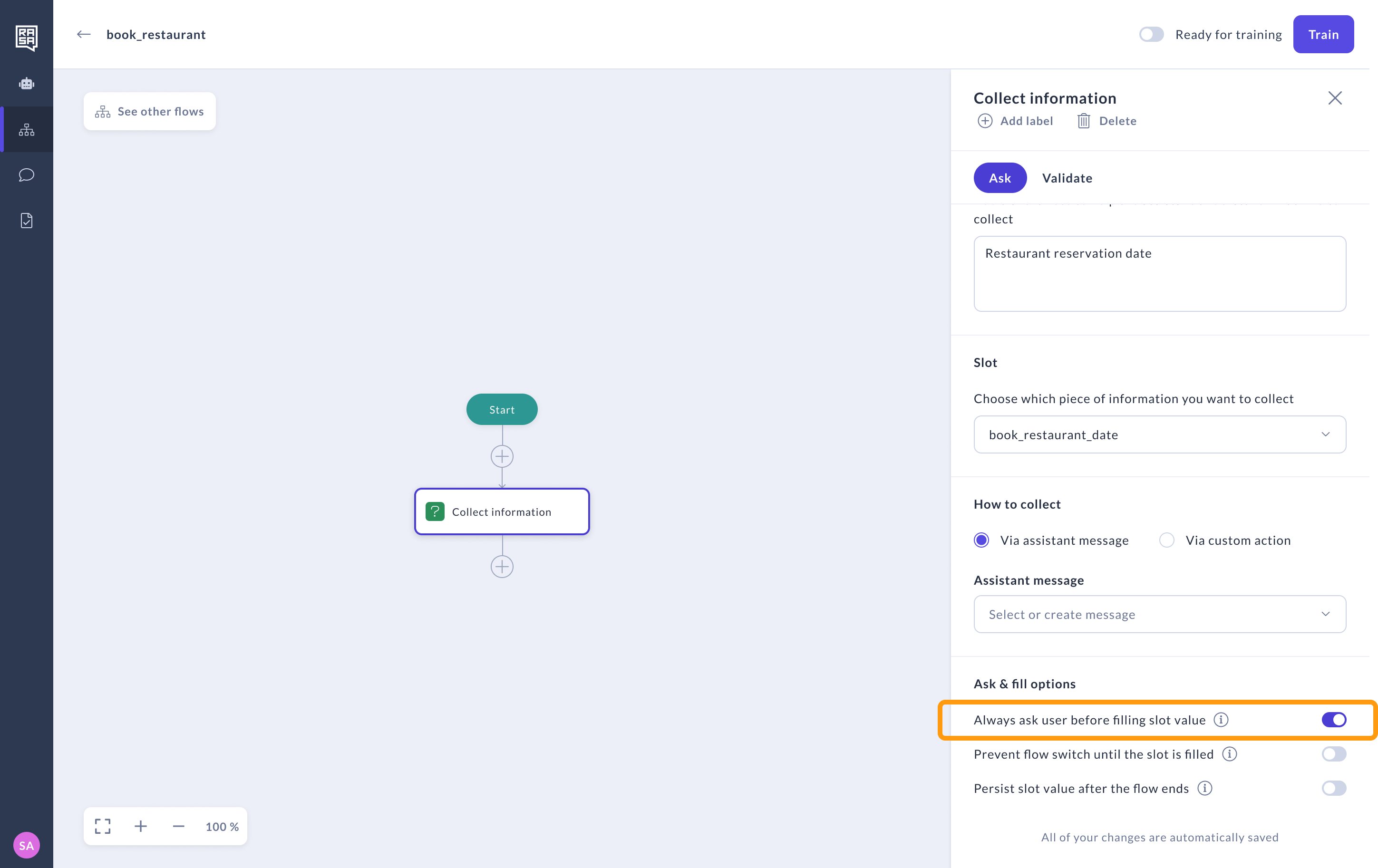 Toggle on the ask before filling feature