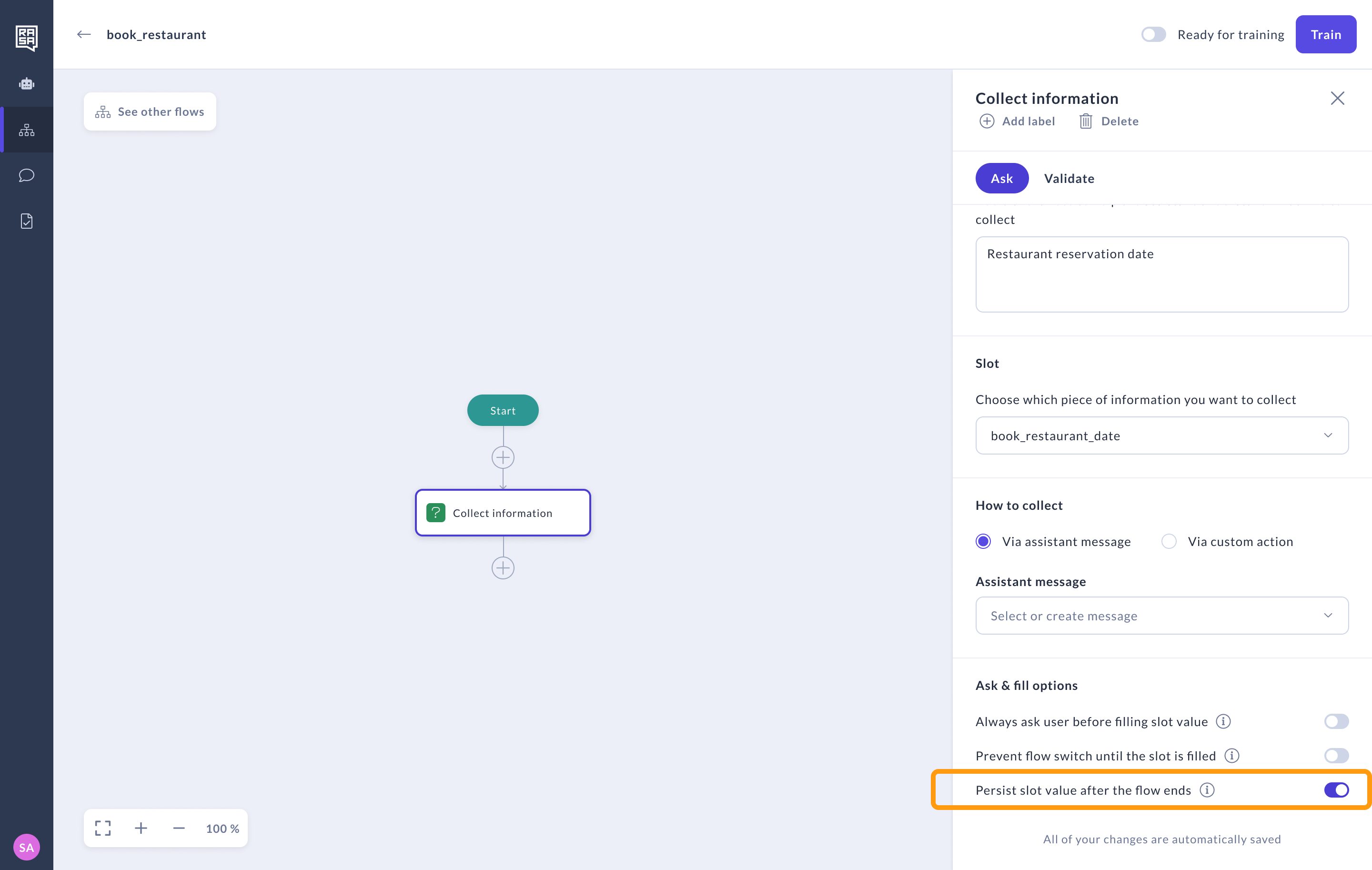 Toggle on the persist slot value feature
